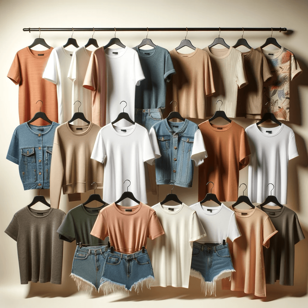 Variety of women's t-shirts and denim tops hung on hangers against a neutral background, displaying a range of colors and styles.