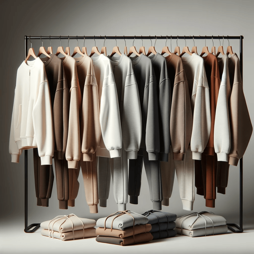 Array of women's tracksuits in neutral tones, hung neatly on a rack with folded sets below, displaying a variety of casual wear options.